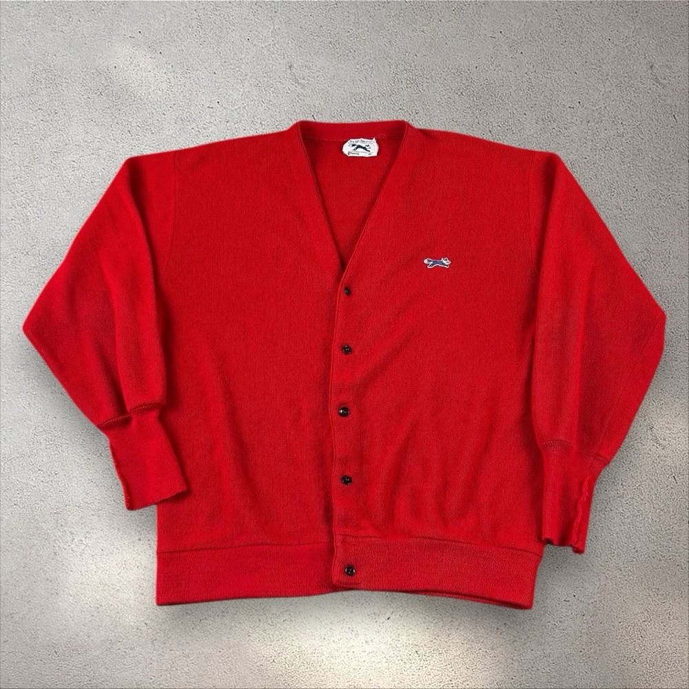 Mens VTG JC Penny The Fox Sweater Cardigan Red Button Up Grandpa Size XL